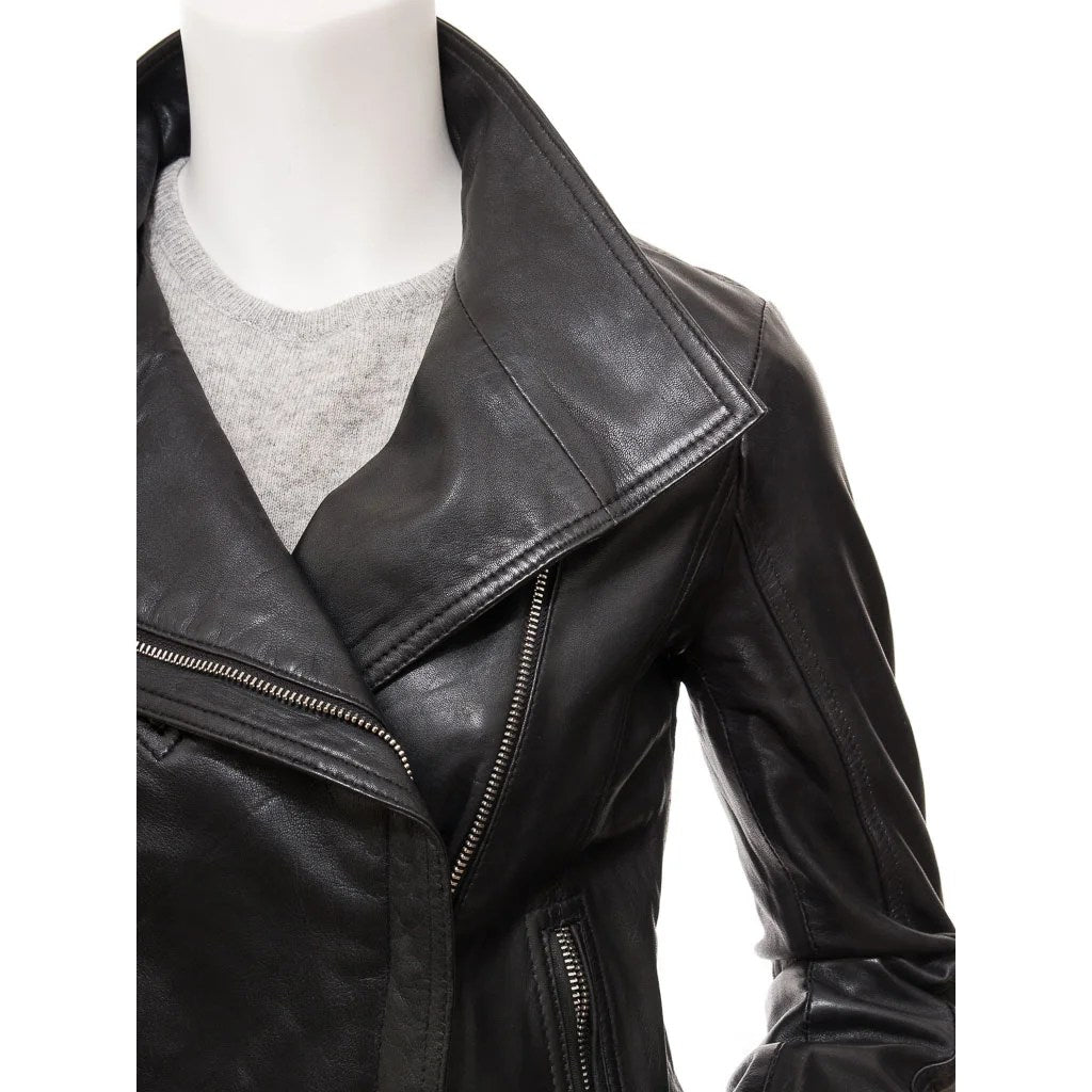 WOMENS BLACK LEATHER BIKER JACKET ESTERO - M