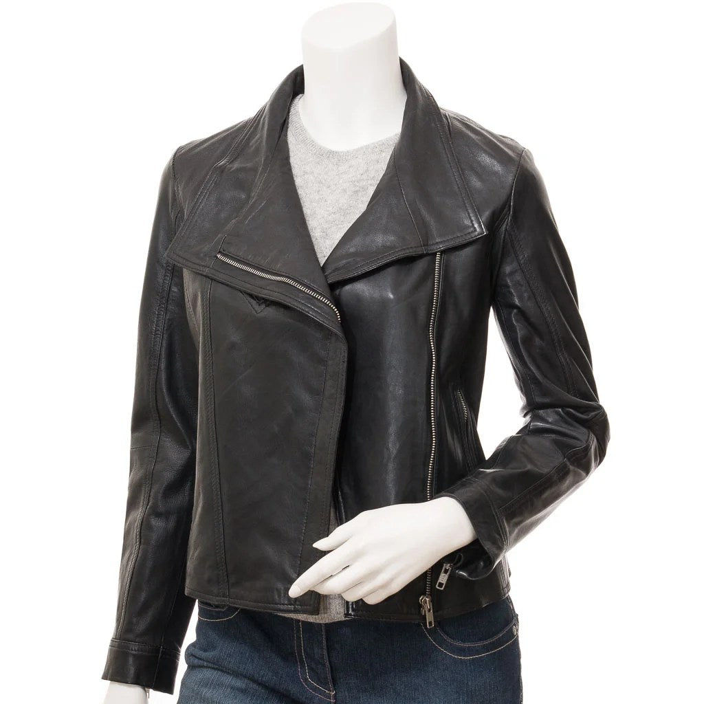 WOMENS BLACK LEATHER BIKER JACKET ESTERO - S