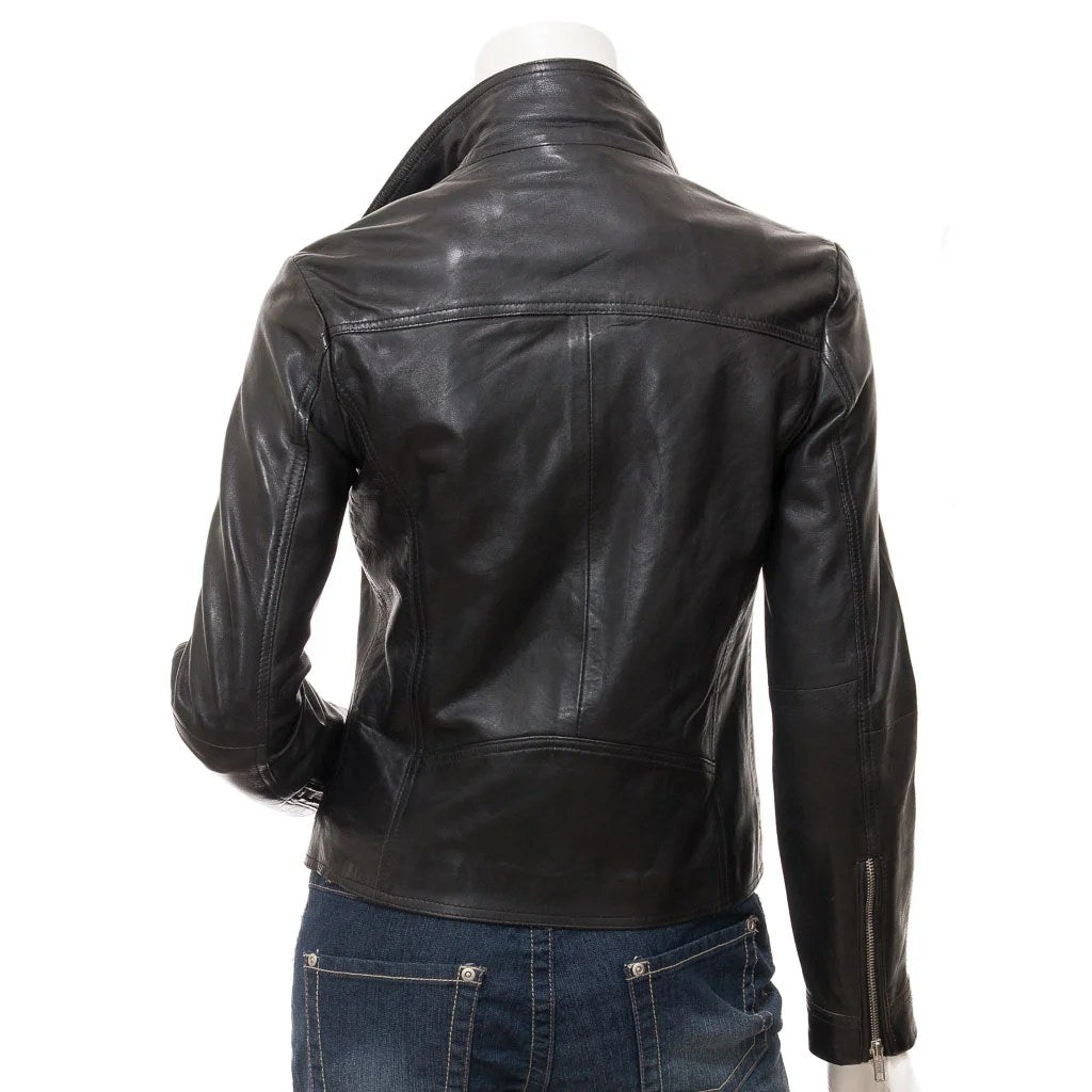 WOMENS BLACK LEATHER BIKER JACKET ESTERO - XL