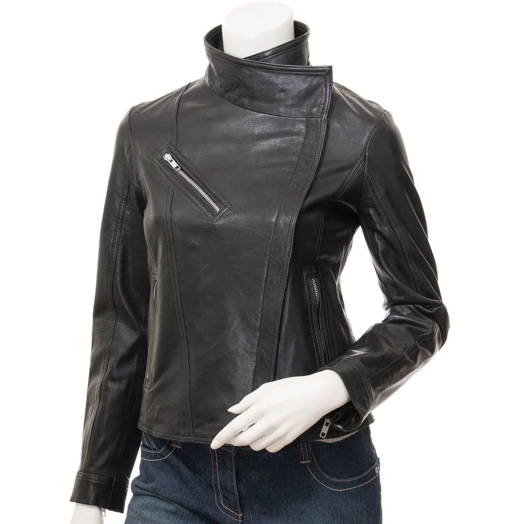 WOMENS BLACK LEATHER BIKER JACKET ESTERO