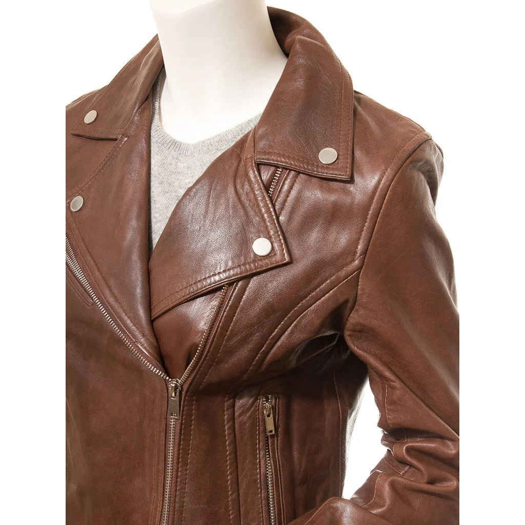 WOMENS BROWN LEATHER BIKER JACKET AMENIA - L