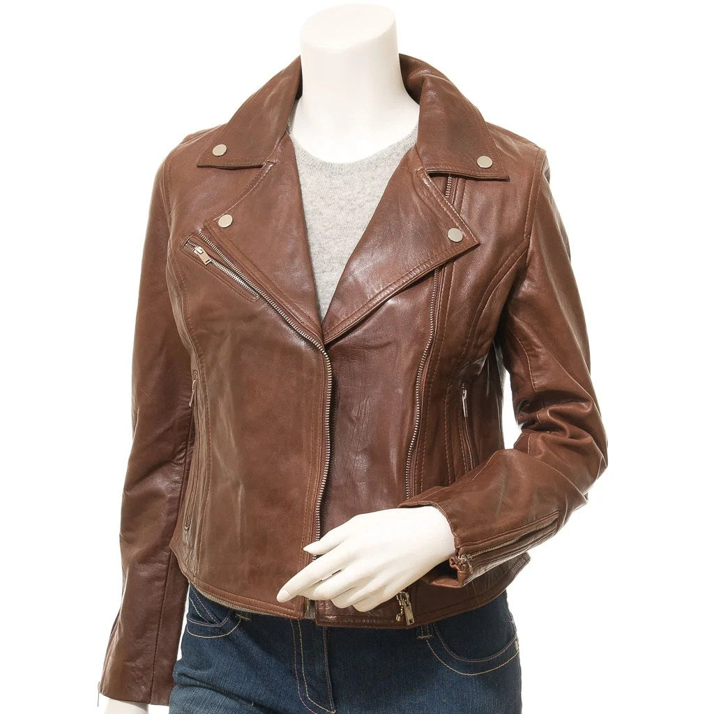 WOMENS BROWN LEATHER BIKER JACKET AMENIA - S
