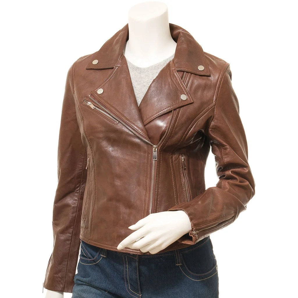 WOMENS BROWN LEATHER BIKER JACKET AMENIA
